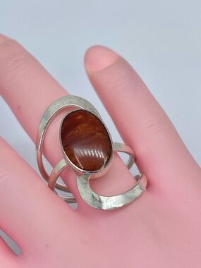 Vintage Mexico Silver Tone Brown Resin Southwestern Statement Ring Sz 9